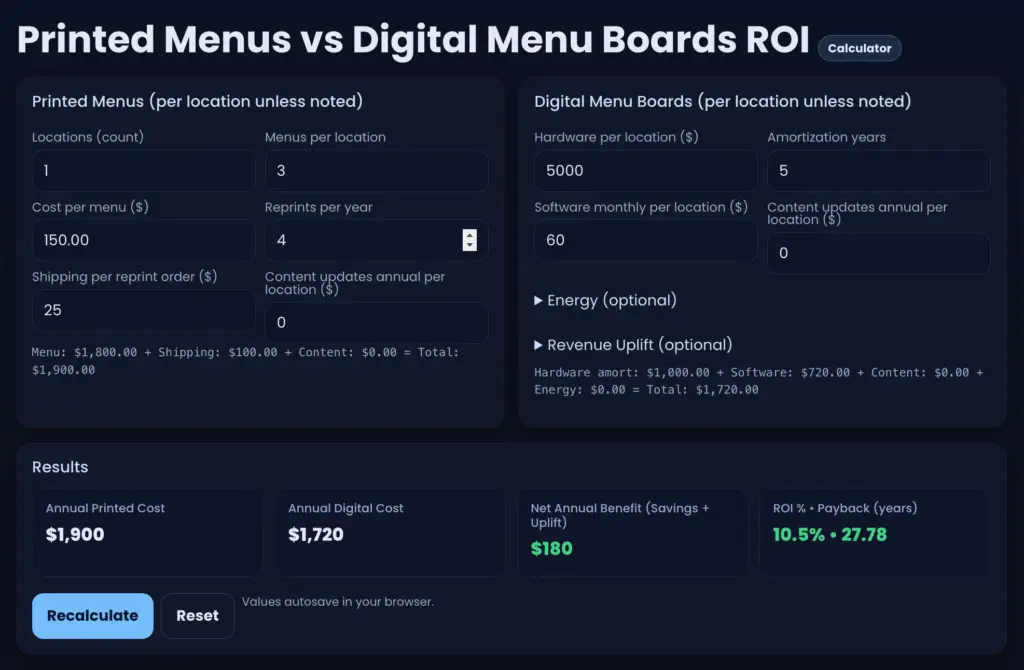 Print vs Digital Menus ROI Calculator